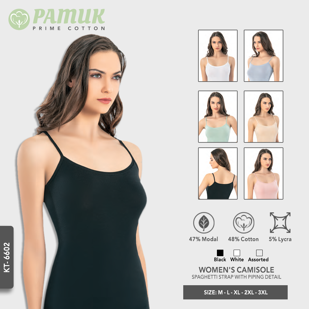 WOMEN'S CAMISOLE - STRETCH COTTON AND MODAL - SPAGHETTI STRAP WITH PIPING DETAIL (KT-6602)