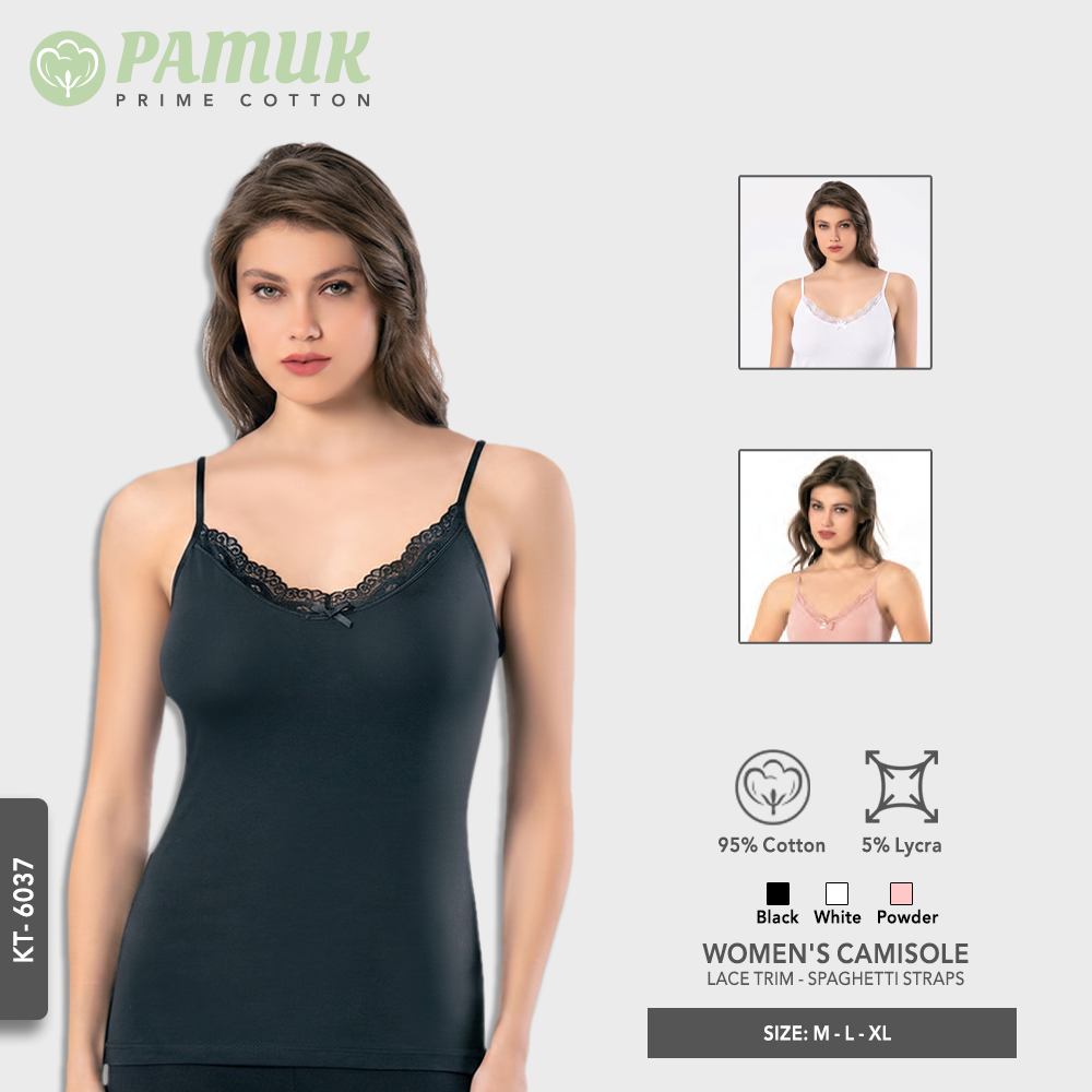 WOMEN'S CAMISOLE - STRETCH COMBED COTTON - LACE TRIM - SPAGHETTI STRAPS (KT-6037)